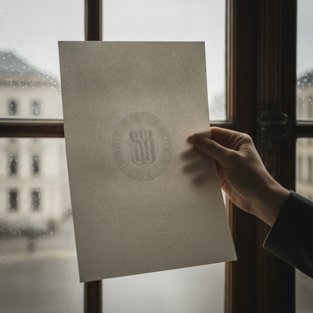 Bureau structuré avec chemises administratives classées et loupe posée à proximité